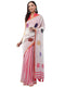 Vasthrlay Pink Women'S Blue And White Chevron Printed Linen Saree With Unstitched Blouse