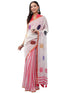 Vasthrlay Pink Women'S Blue And White Chevron Printed Linen Saree With Unstitched Blouse
