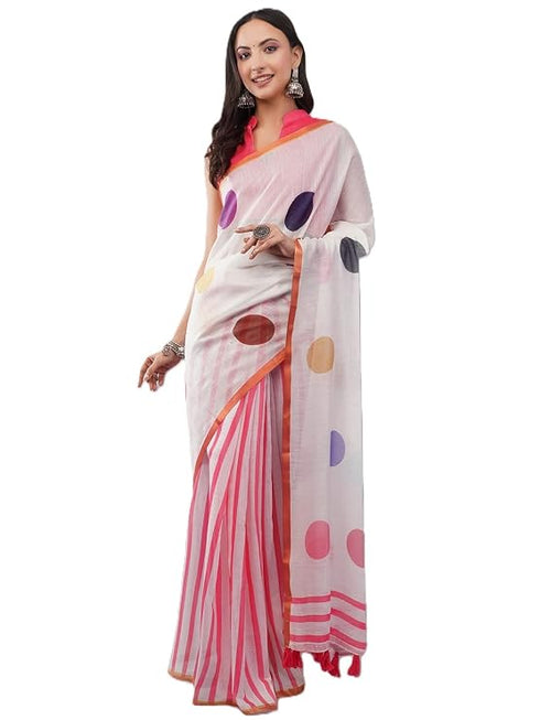 Vasthrlay Pink Chevron Printed Linen Saree With Unstitched Blouse