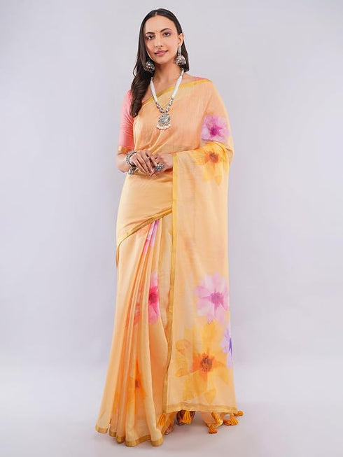 Vasthrlay Women'S Yellow Chevron Printed Linen Saree With Unstitched Blouse