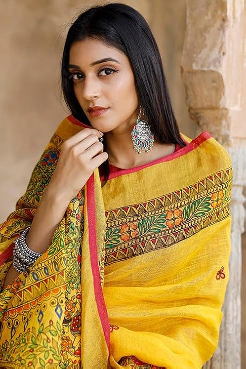 Vasthrlay Printed Unstitched Kalamkari Yellow Free Ethnic Wear