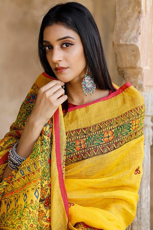 Vasthrlay Yellow Printed Unstitched Saree