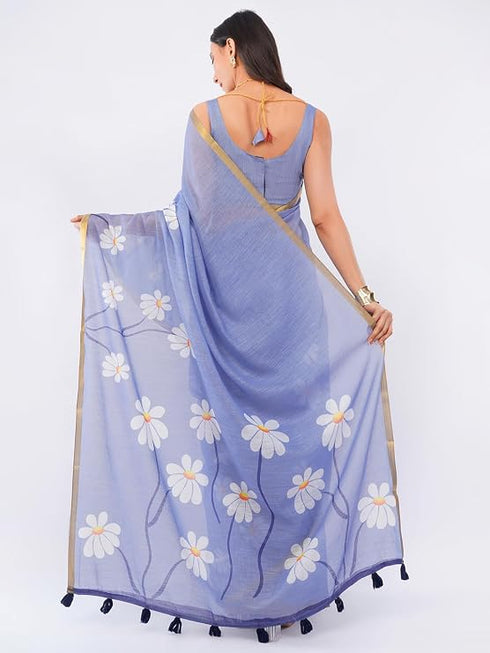 Vasthrlay Violet Womens Violet Lavender Daisy Floral Prints Linen Saree With Zari Border And Unstitched Blouse Piece