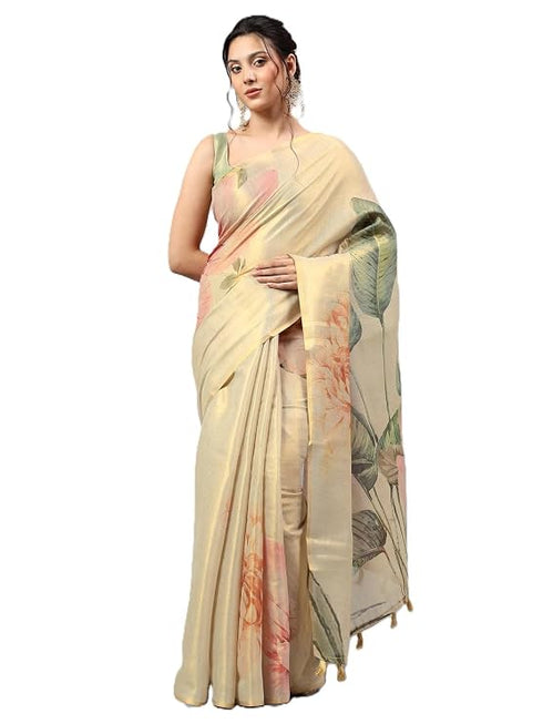 Vasthrlay Beige3 Floral And Solid Design Polyester Saree With Unstitched Blouse Piece