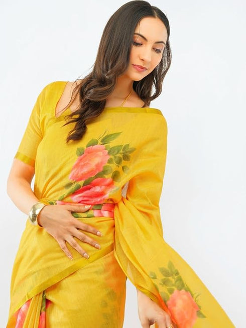 Vasthrlay Womens Yellow1 Daisy Floral Prints Linen Saree With Zari Border And Unstitched Blouse Piece