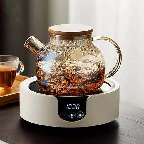 ZROY Enterprise Round Glass Tea Pot(Wooden Lid with Cup)