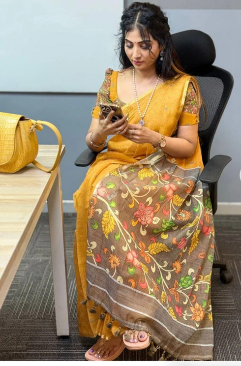 Vasthrlay Traditional Cotton Linen Mustard Festival