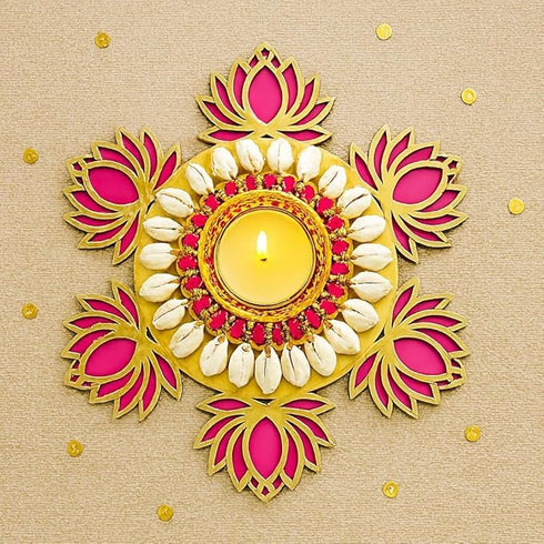 Diya Handmade MDF Lotus tealight Candle Holder with Shell Tealight Rangoli