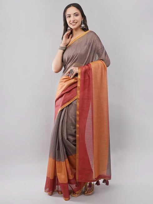 Vasthrlay Brown Women'S Blue And White Chevron Printed Linen Saree