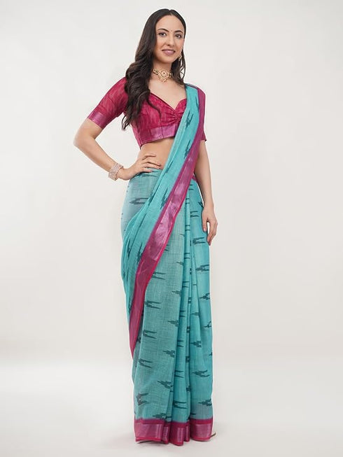 Vasthrlay Blue Paisley Printed Linen Saree With Unstitched Blouse Piece