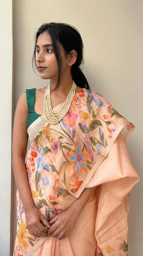 Vasthrlay Peach Floral Printed Linen