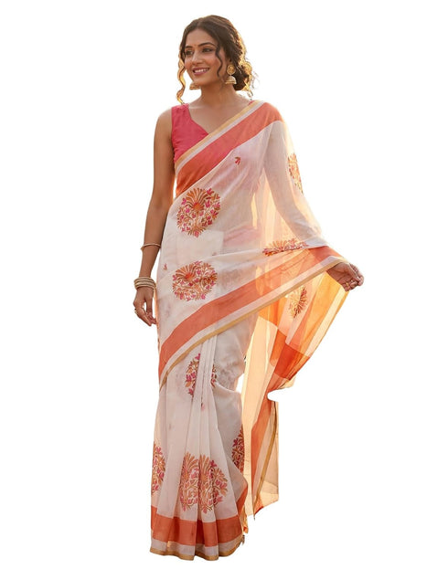Vasthrlay Womens Printed Unstitched Peach Saree
