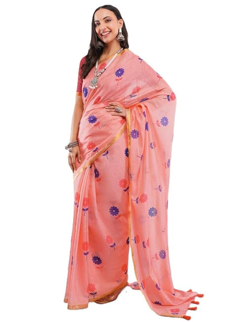 Vasthrlay Womens Peach Daisy Floral Prints Linen Saree With Zari Border And Unstitched Blouse Piece