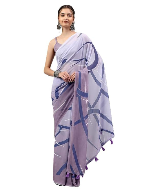 Vasthrlay Blue Floral| Solid| Striped Design Georgette Saree With Unstitched Blouse Piece