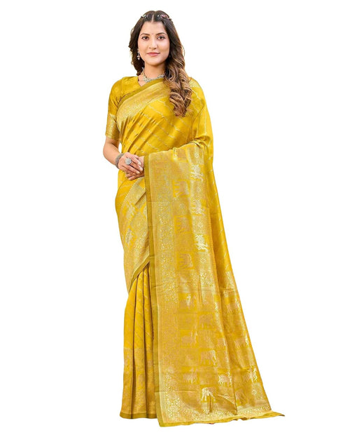 Vasthrlay Womens Weaving Mustard Yellow | Golden Saree With Unstitched Blouse Piece