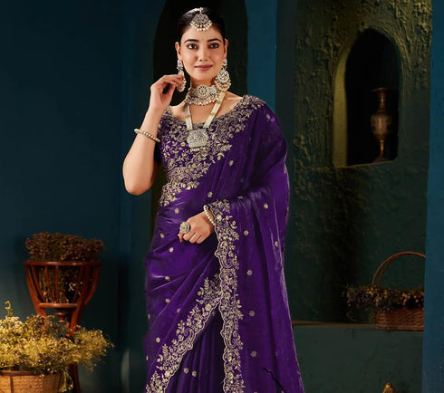 Vasthrlay Scalloped Embroidery Unstitched Rani Pink Saree