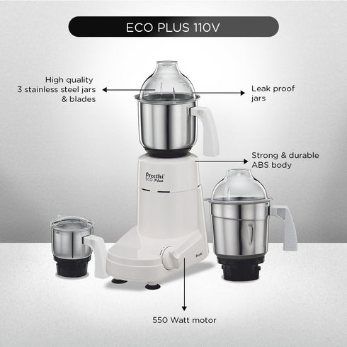 Preethi Eco Plus MG-138 550 Watt Mixer Grinder With 3 Jars (0.4L, 1L & 1.5L), White