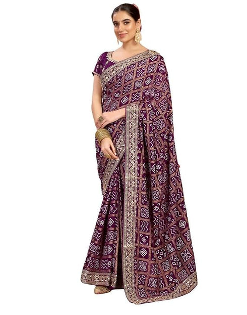 Vasthrlay Georgette Embroidery Purple Saree With Unstitched Blouse Piece