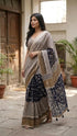 Vasthrlay Beige Striped | Floral | Solid Print Design Linen Saree With Solid Unstitched Linen Blouse Piece