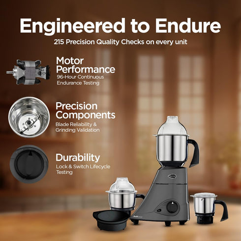 Preethi Diamond 750 Watts Mixer Grinder, 3 SS 304 Jars, Black