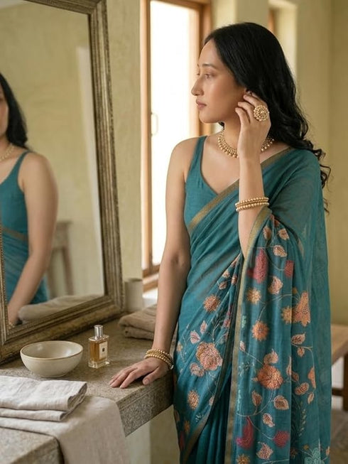 Vasthrlay Turquoise Floral Linen Saree With Solid Black Unstitched Blouse