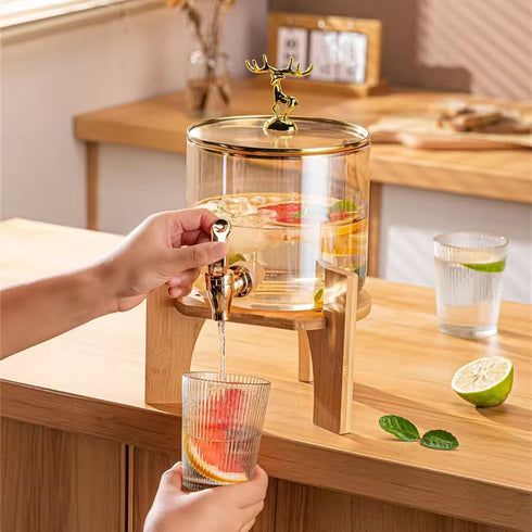 PrimeWorld Glass Water Beverage Dispenser with Wooden Stand
