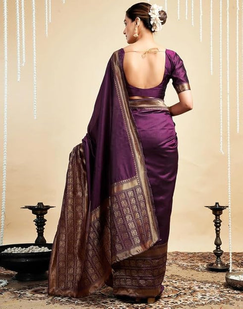 Vasthrlay Womens Banarasi Unstitched Wine Saree