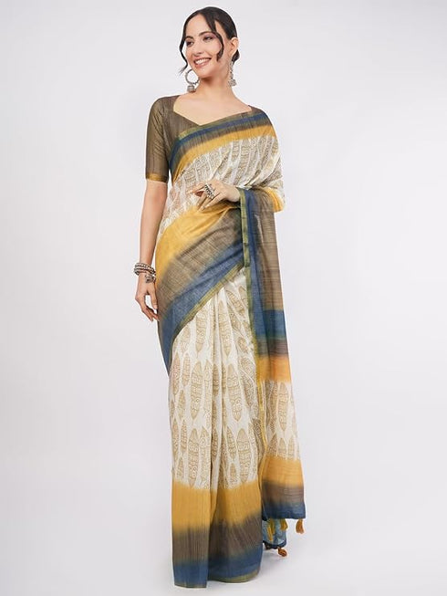 Vasthrlay Womens Beige Daisy Floral Prints Linen Saree With Zari Border And Unstitched Blouse Piece