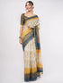 Vasthrlay Womens Beige Daisy Floral Prints Linen Saree With Zari Border And Unstitched Blouse Piece