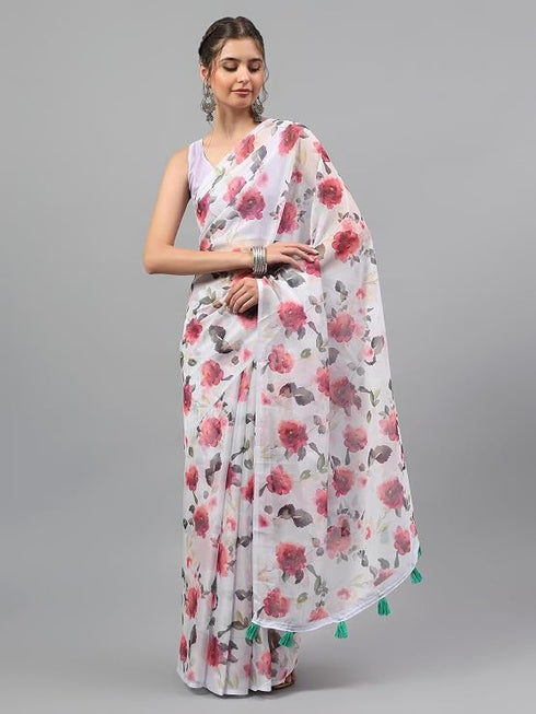 Vasthrlay Purple Sheer Spring Floral Printed Art Chiffon Saree With Unstitched Blouse
