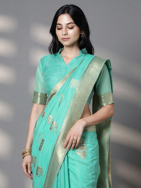 Vasthrlay Turquoise Printed Unstitched Ai Ethnic Wear