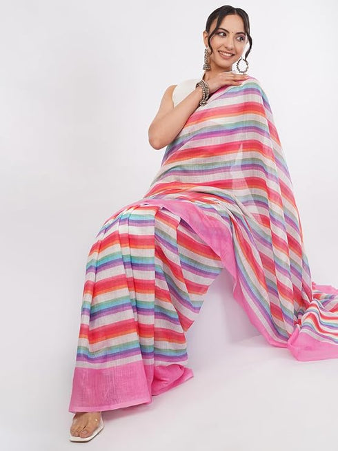 Vasthrlay Womens Multicolour1 Kathakali Print Linen Saree With Gold Zari Border And Unstitched Blouse Piece