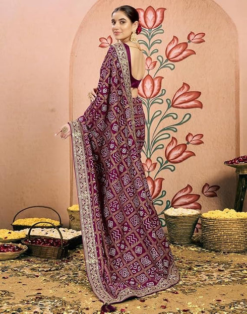 Vasthrlay Georgette Embroidery Purple Saree With Unstitched Blouse Piece