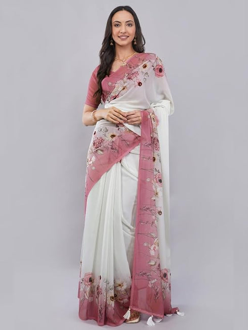 Vasthrlay Off White1 Floral Printed Gerogette Saree With Zari Pallu And Unstitched Blouse Piece