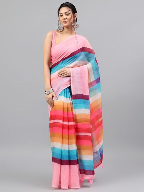 Vasthrlay Peach Printed Striped Linen Saree With Solid Linen Unstitched Blouse Piece For Women