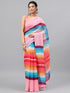 Vasthrlay Peach Printed Striped Linen Saree With Solid Linen Unstitched Blouse Piece For Women