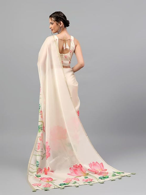 Vasthrlay Peach Floral Printed Organza Saree With Unstitched Blouse