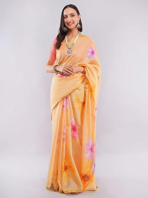 Vasthrlay Women'S Yellow Chevron Printed Linen Saree With Unstitched Blouse