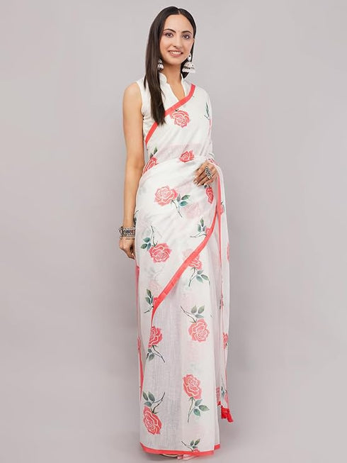 Vasthrlay White Striped | Floral | Solid Print Design Linen Saree With Solid Unstitched Linen Blouse Piece