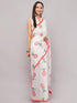 Vasthrlay White Striped | Floral | Solid Print Design Linen Saree With Solid Unstitched Linen Blouse Piece