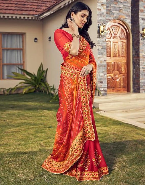 Vasthrlay Bandhani Embroidery Unstitched Red Saree