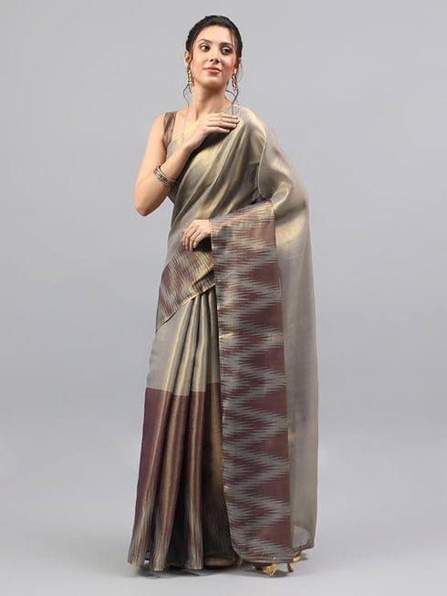 Vasthrlay Rusty Brown Floral And Solid Design Polyester Saree With Unstitched Blouse Piece
