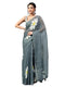 Vasthrlay Grey Linen Floral Printed Saree With Solid Unstitched Linen Blouse Piece