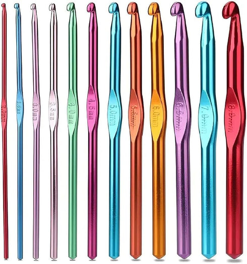 12 Pcs Aluminium Crochet Hooks Set Multicolor Knitting Needles Kit 2mm