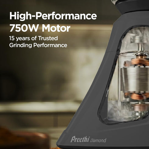 Preethi Diamond 750 Watts Mixer Grinder, 3 SS 304 Jars, Black