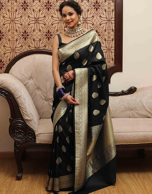 Vasthrlay Kanjivaram Banarasi Wedding Black And Golden Saree With Unstitched Blouse Piece