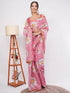 Vasthrlay Pink Floral Digital Print Linen Saree With Unstitched