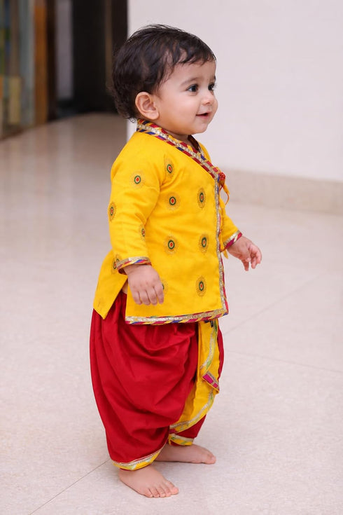 Fancy Zari Print Krishna Dress for Baby Boys, Kurta with Dhoti, Yellow and Red