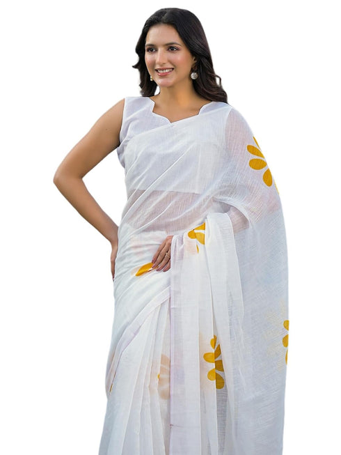 Vasthrlay Womens Printed Unstitched Off White Saree