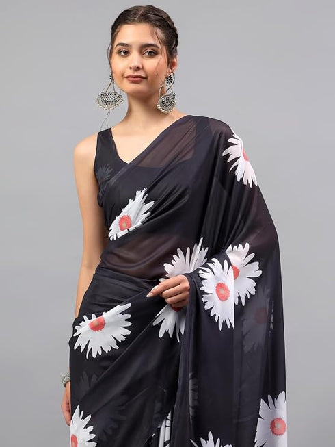 Vasthrlay Black Georgette Floral Printed Saree With Solid Unstitched Georgette Blouse Piece